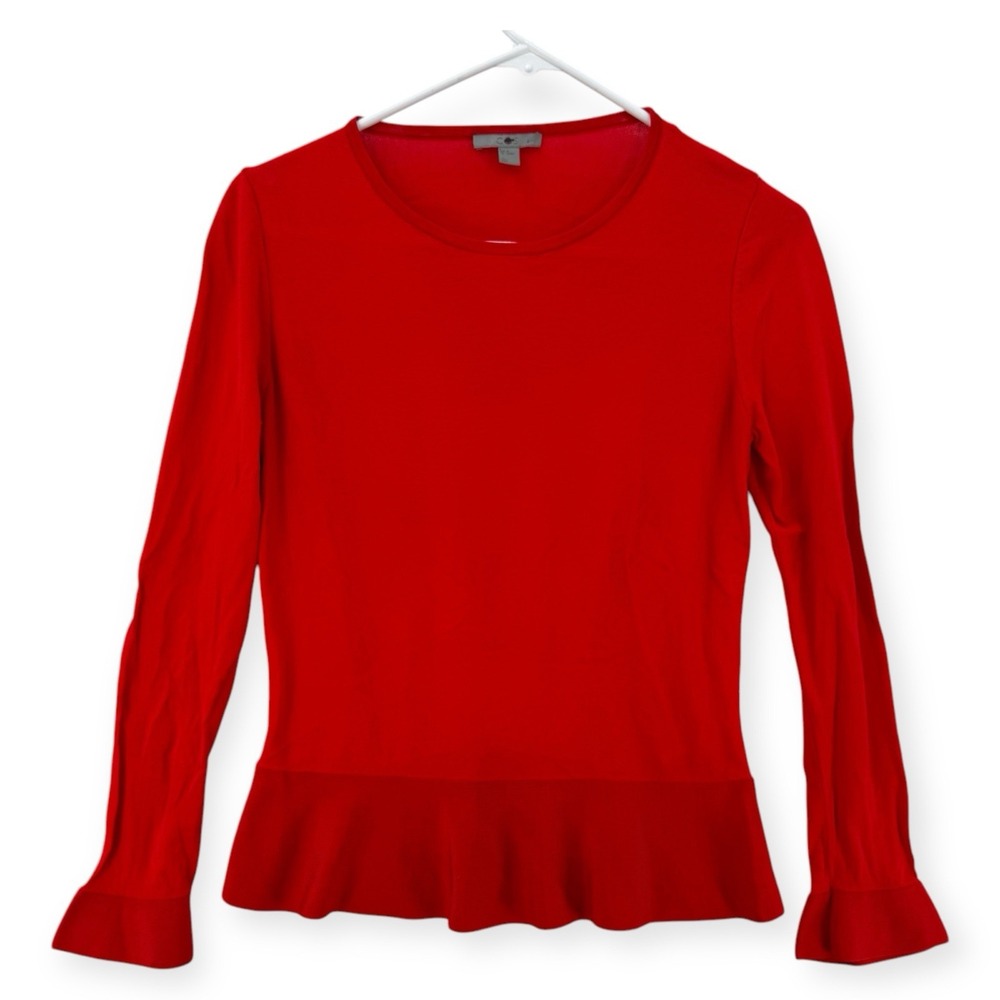 COS Womens XS Red Long Sleeve Ruffle Hem Pleated Back Knit Blouse Top